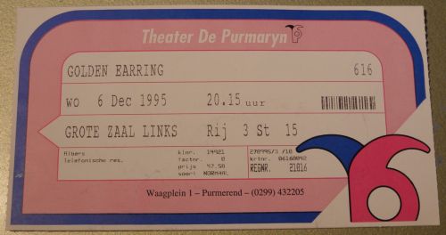 Golden Earring ticket December 06, 1995 Purmerend - Theater de Purmarijn show / ticket by Berry Albers